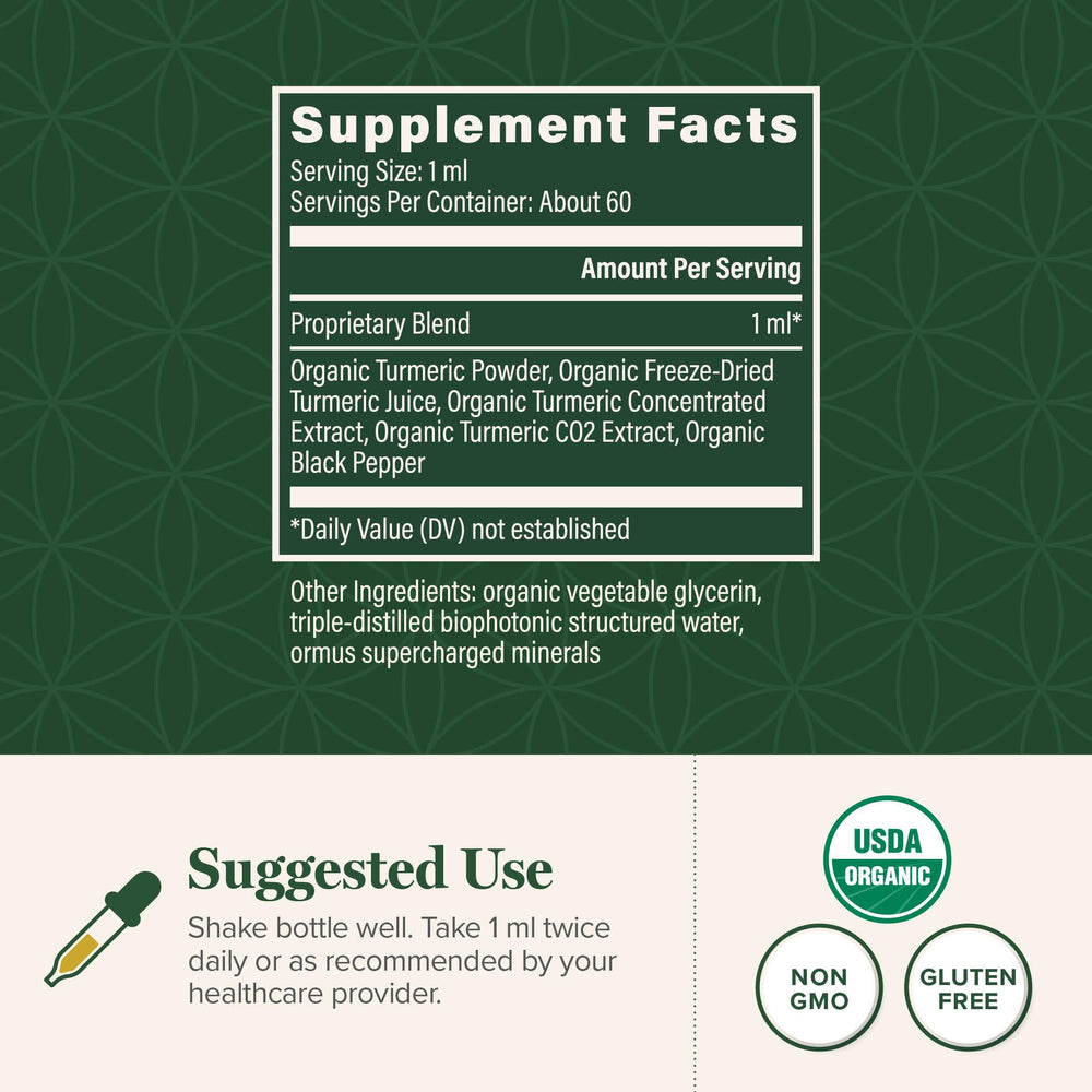 Global Healing Center Organic Turmeric Curcumin Drops label close-up emphasizes black pepper for absorption.