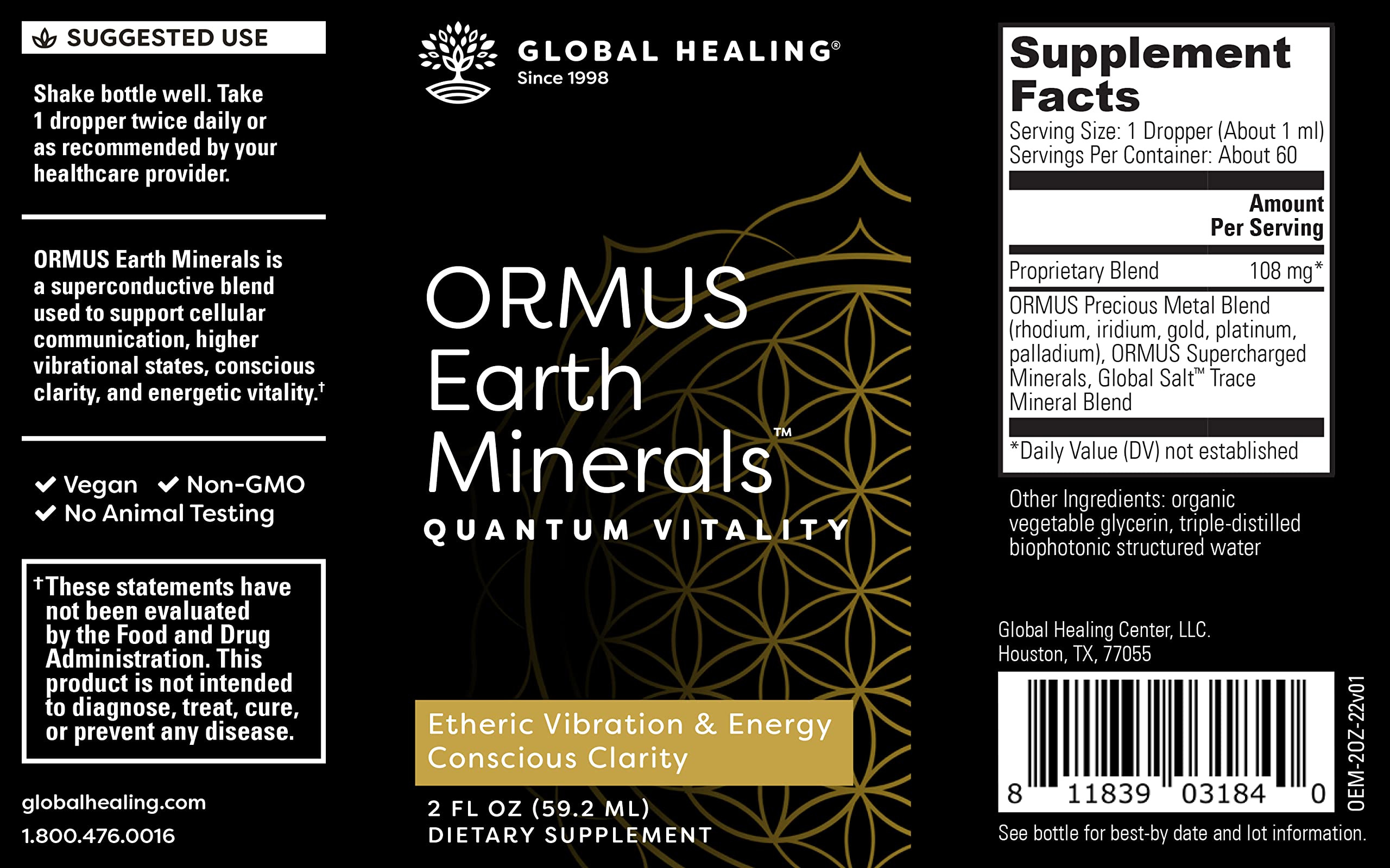Global Healing Center ORMUS Earth Minerals label closeup showing premium ingredients