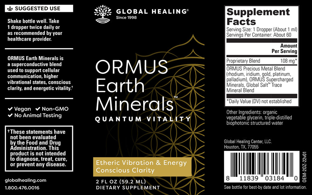 Global Healing Center ORMUS Earth Minerals label closeup showing premium ingredients