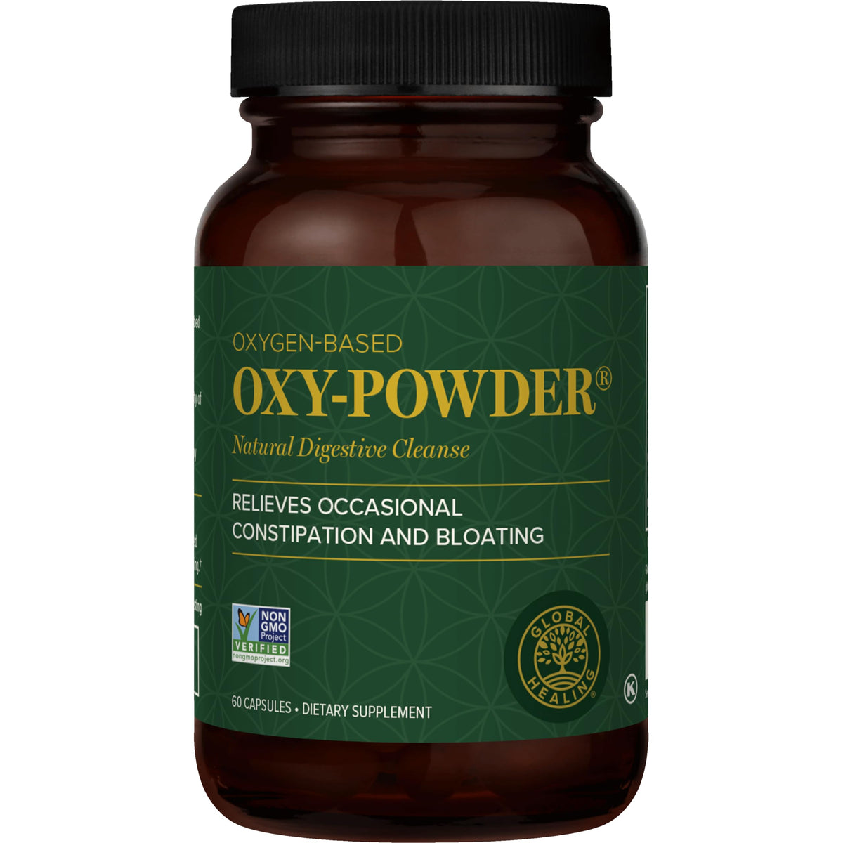 Global Healing Center Oxy-Powder bottle showing the capsule-based formula for gentle gut cleansing