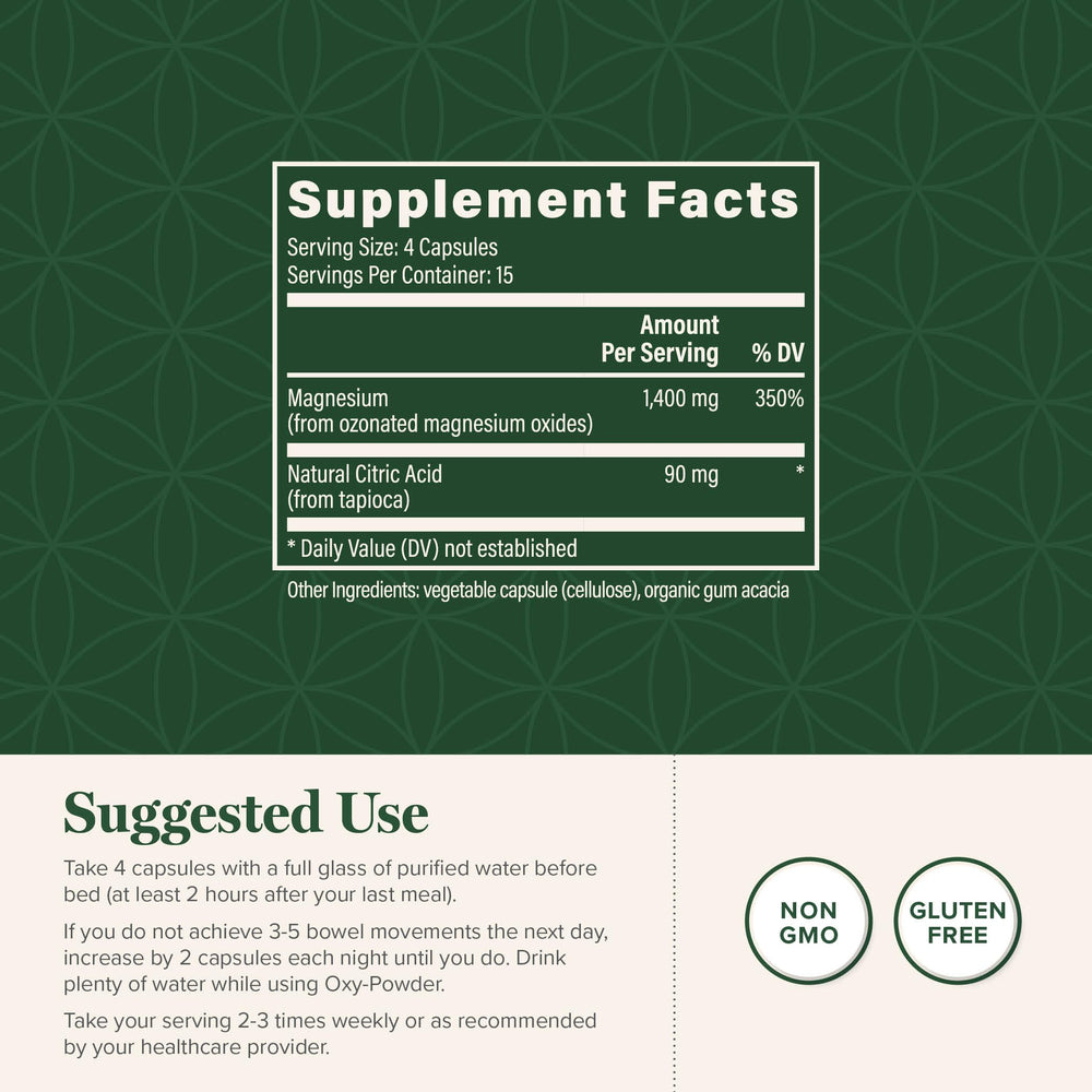 Global Healing Center Oxy-Powder capsule in hand for routine gut care