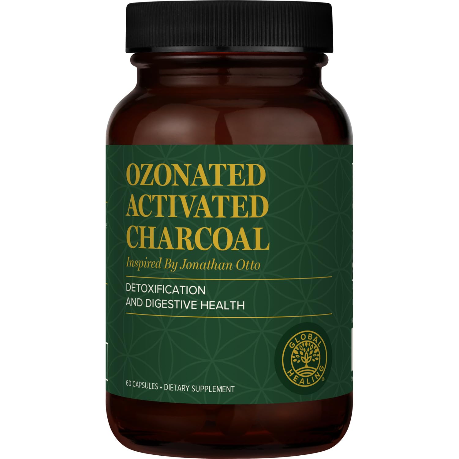 Global Healing Center ozonated activated charcoal capsules bottle closeup supports gut comfort.
