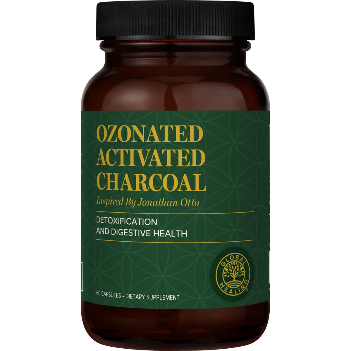 Global Healing Center ozonated activated charcoal capsules bottle closeup supports gut comfort.