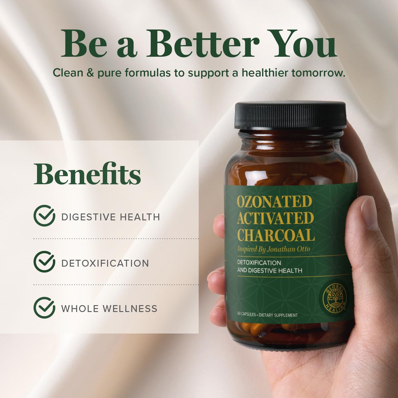 Global Healing Center ozonated activated charcoal capsules daily usage portrays routine wellness support.