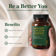 Global Healing Center ozonated activated charcoal capsules daily usage portrays routine wellness support.