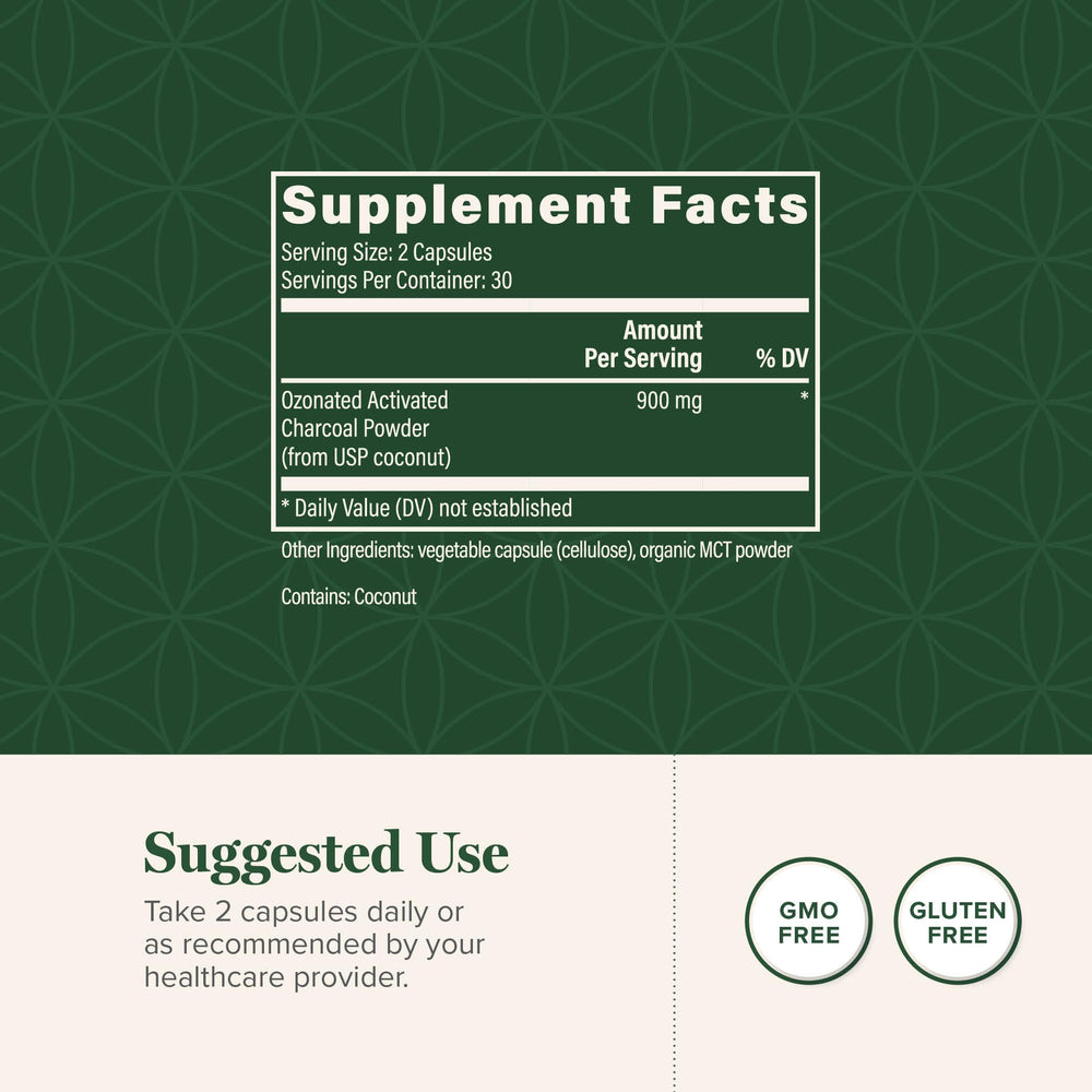 Global Healing Center ozonated activated charcoal capsules label highlights quality and detox potential.