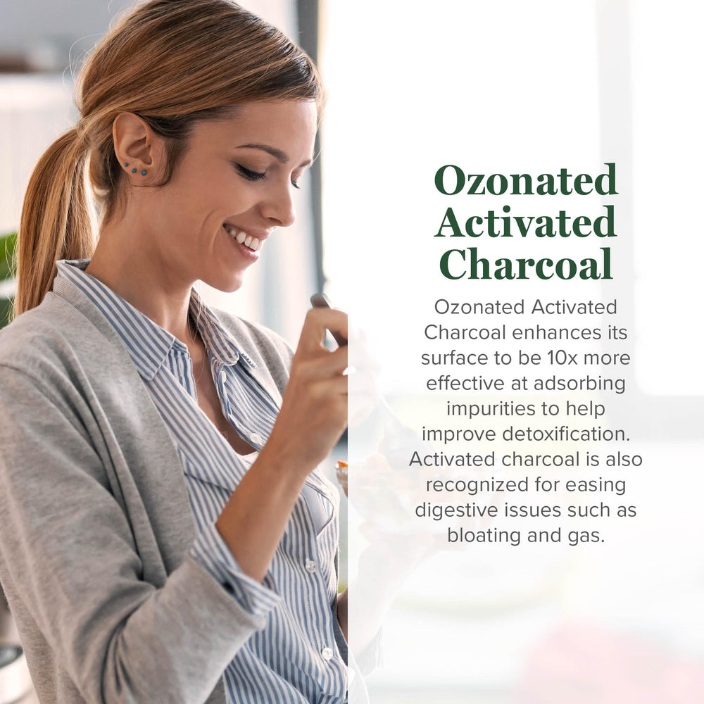 Global Healing Center ozonated activated charcoal capsules pour demonstrates easy, on-the-go gut support.