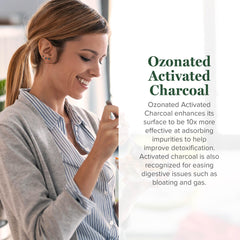 Global Healing Center ozonated activated charcoal capsules pour demonstrates easy, on-the-go gut support.