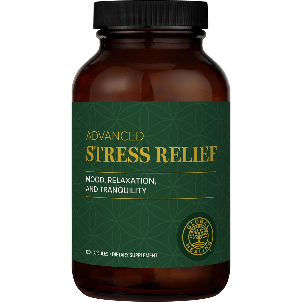 Global Healing Center Stress Relief bottle with capsules supports calmer focus.