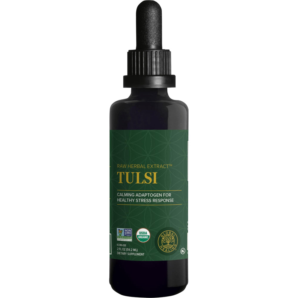 Global Healing Center Tulsi Drops bottle shown for daily energy and calm support