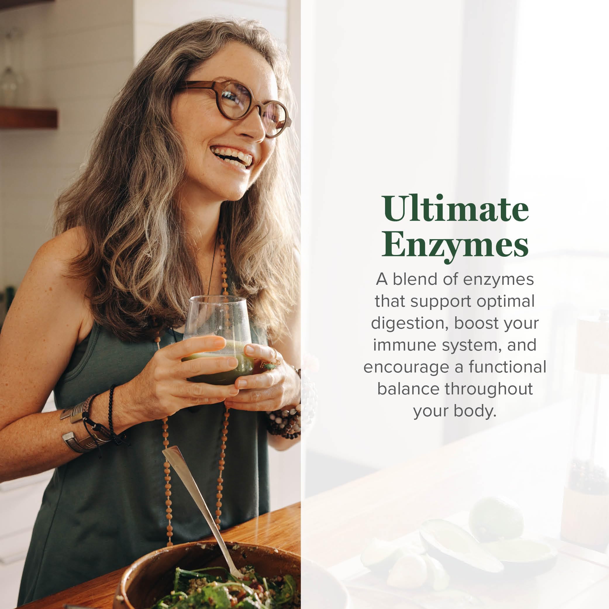 Global Healing Center Ultimate Enzymes bottle with dosage guide for daily use.