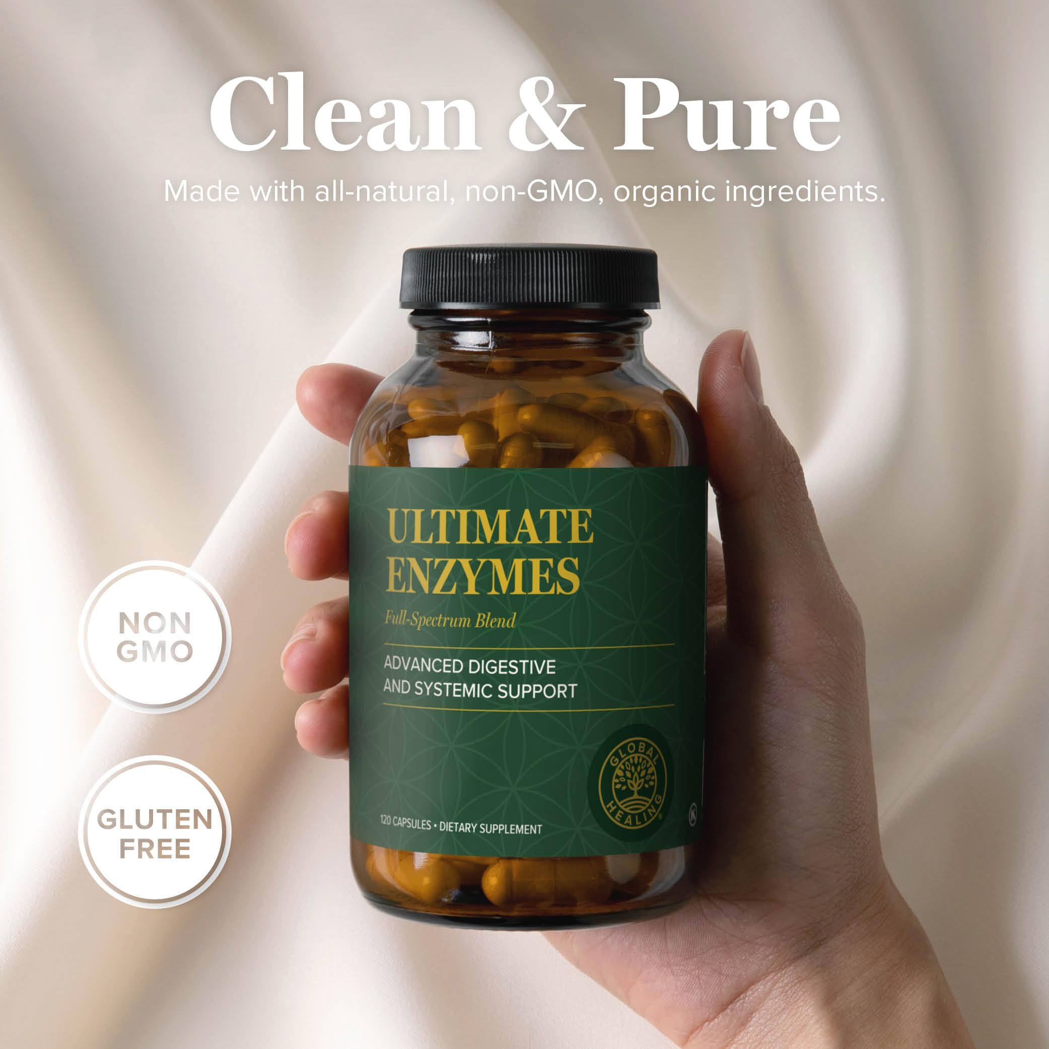 Global Healing Center Ultimate Enzymes capsules are ready to take with meals.