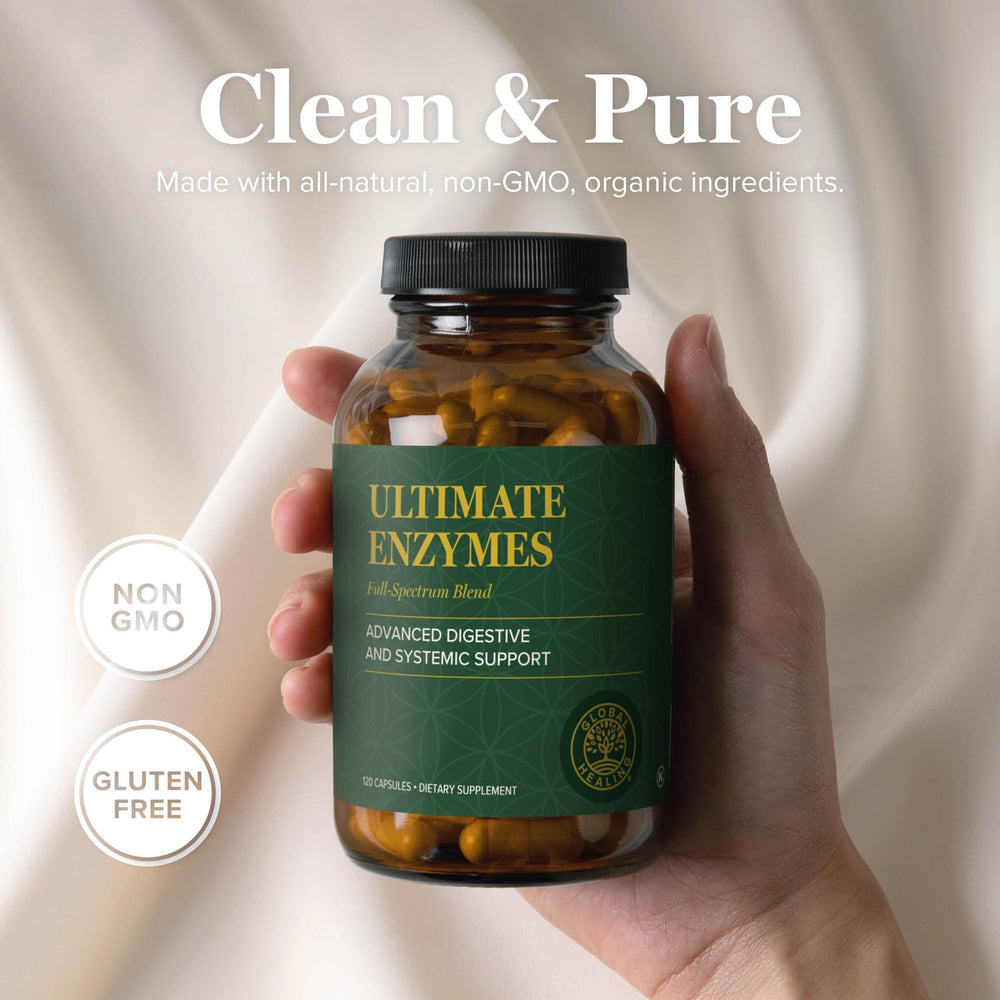 Global Healing Center Ultimate Enzymes capsules are ready to take with meals.