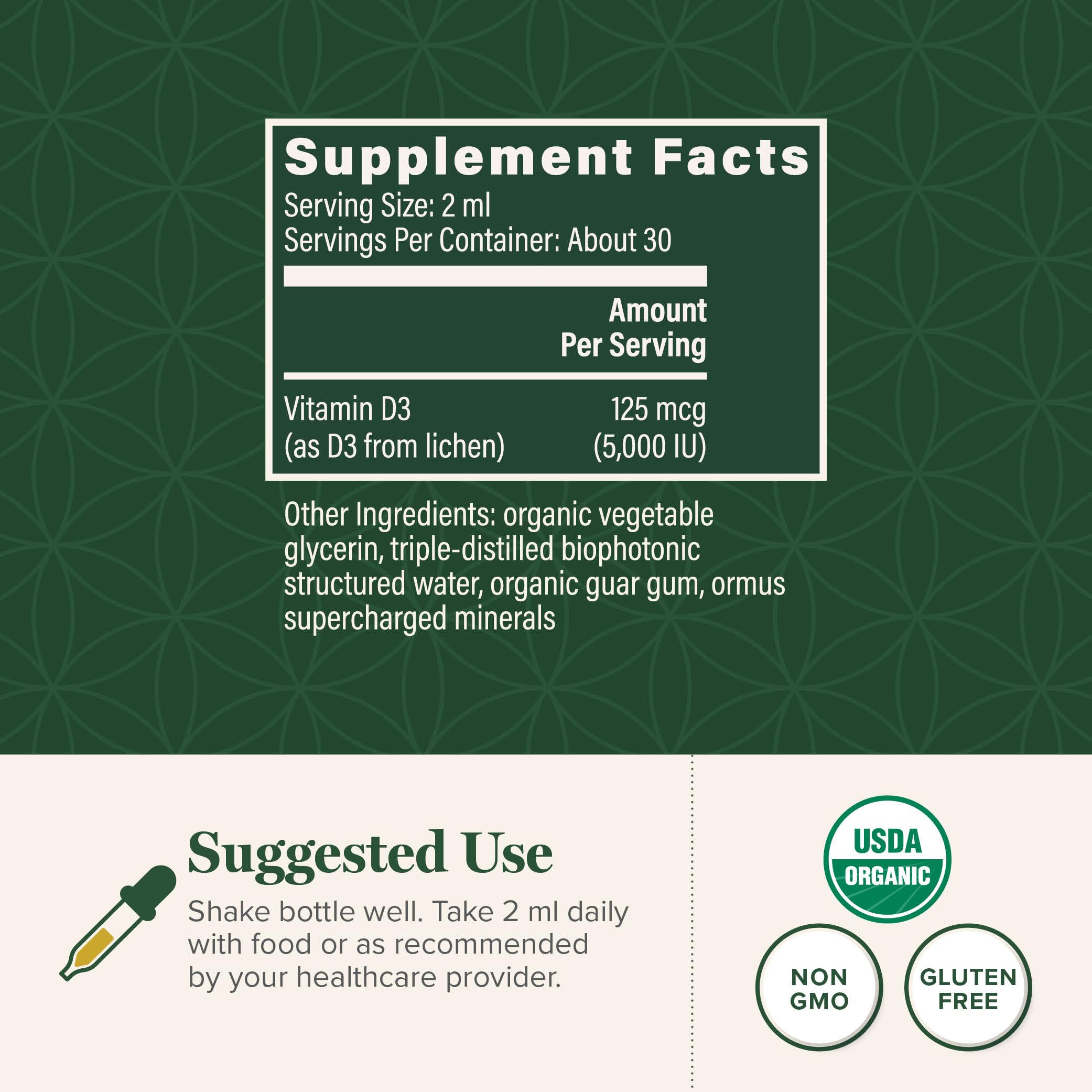 Global Healing Center USDA Organic label on Vitamin D3 drops signals clean, vegan formula.