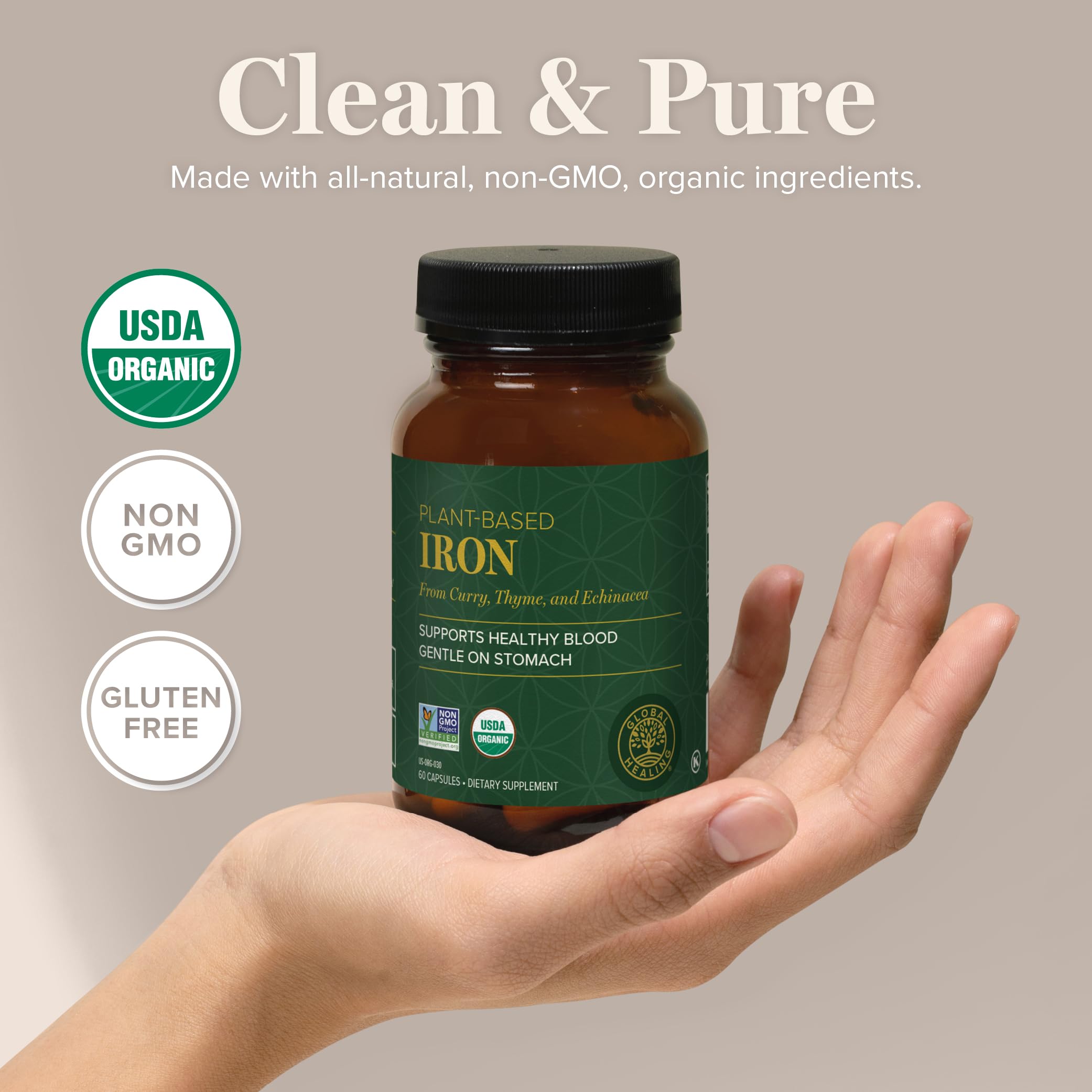 Global Healing Center vegan-safe ingredients support gentle daily iron intake.