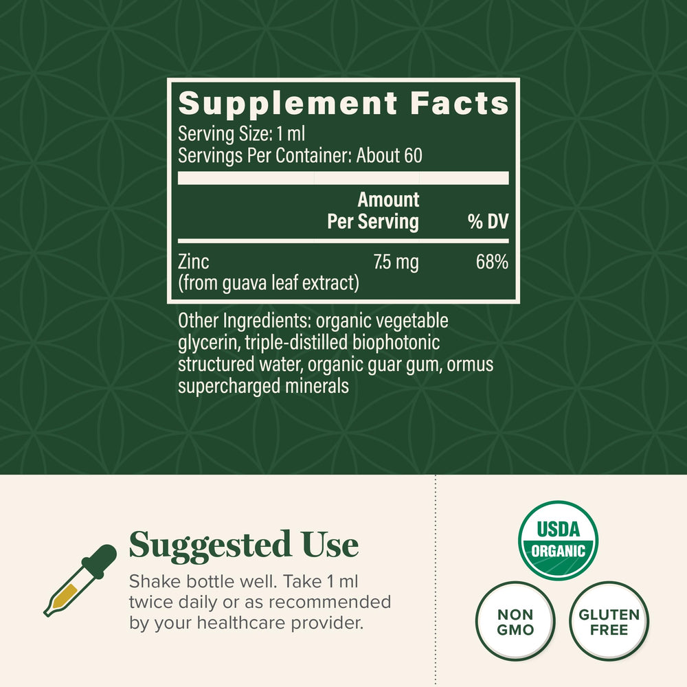 Global Healing Center zinc liquid label showing organic ingredients and vegan notes.