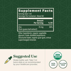 Global Healing Center zinc liquid label showing organic ingredients and vegan notes.
