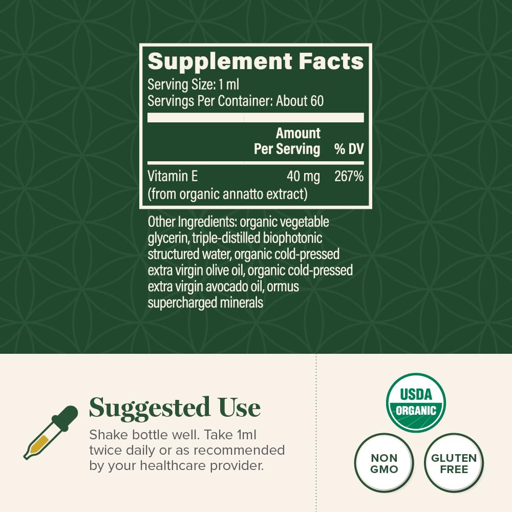 Global Healing Vitamin E liquid drops amber oil shows high-quality natural formulation.