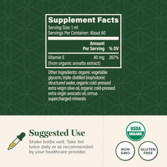 Global Healing Vitamin E liquid drops amber oil shows high-quality natural formulation.