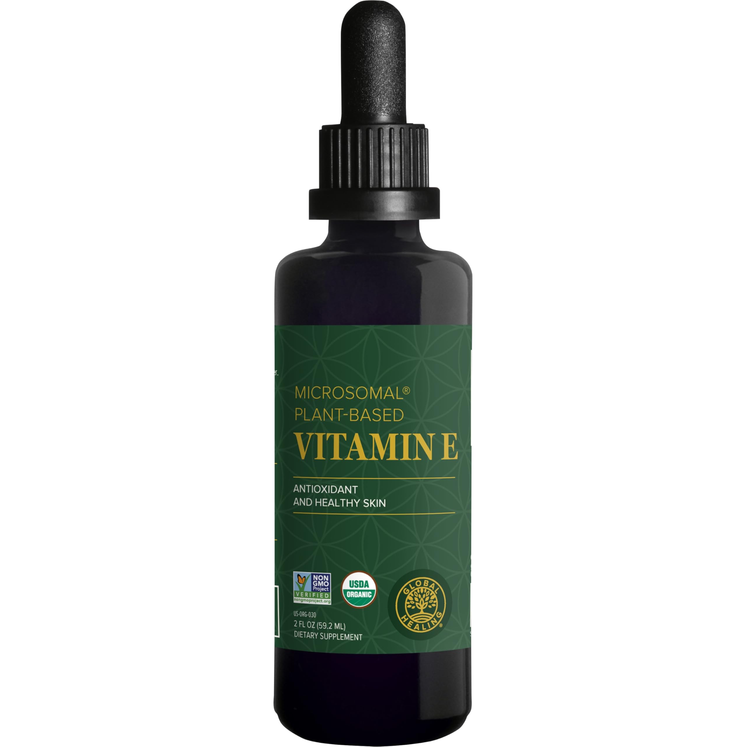Global Healing Vitamin E liquid drops bottle highlights vegan, skin-supporting formula.