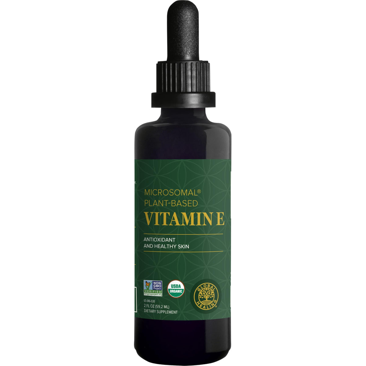 Global Healing Vitamin E liquid drops bottle highlights vegan, skin-supporting formula.