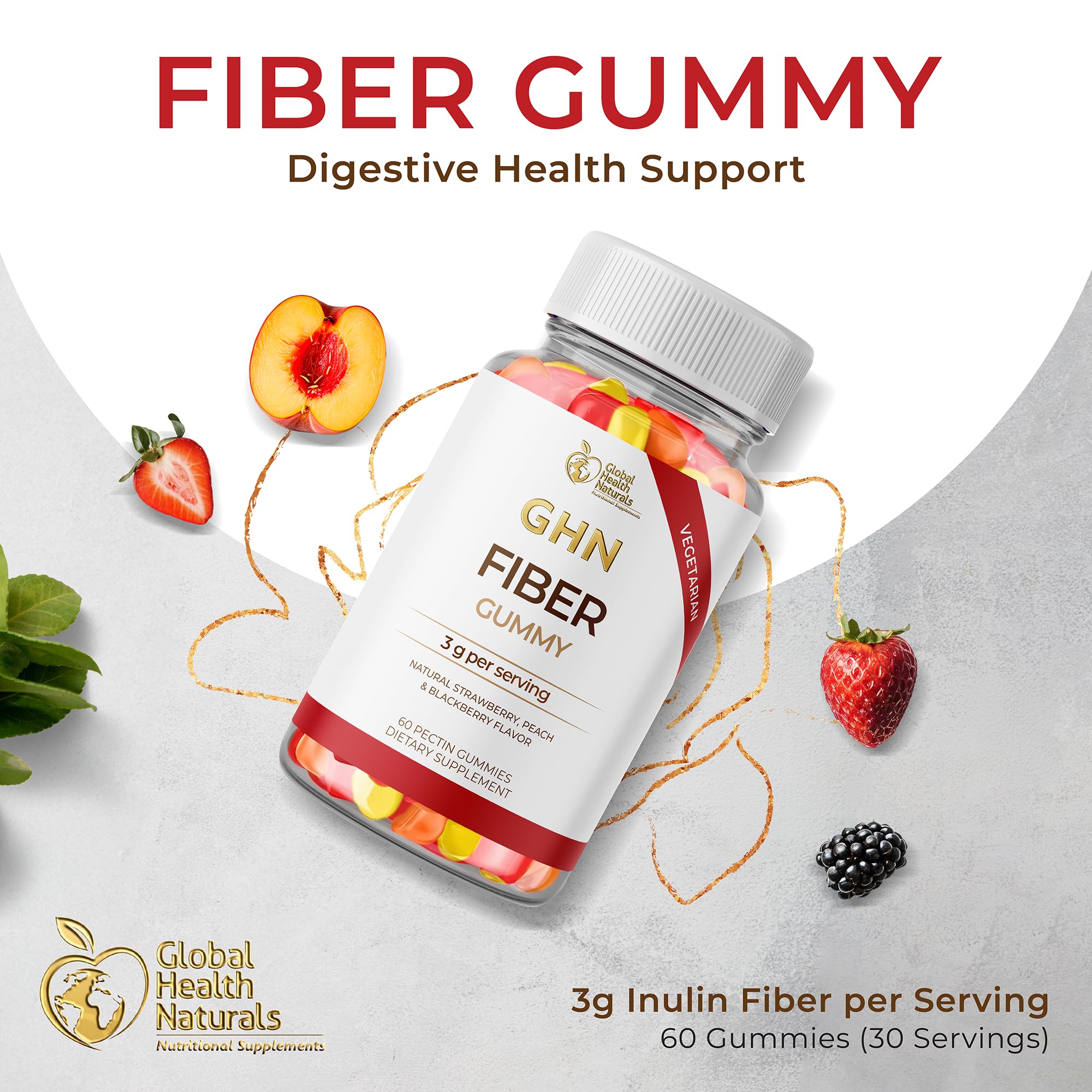 Global Health Naturals vegan fiber gummies non-GMO gluten-free label close-up