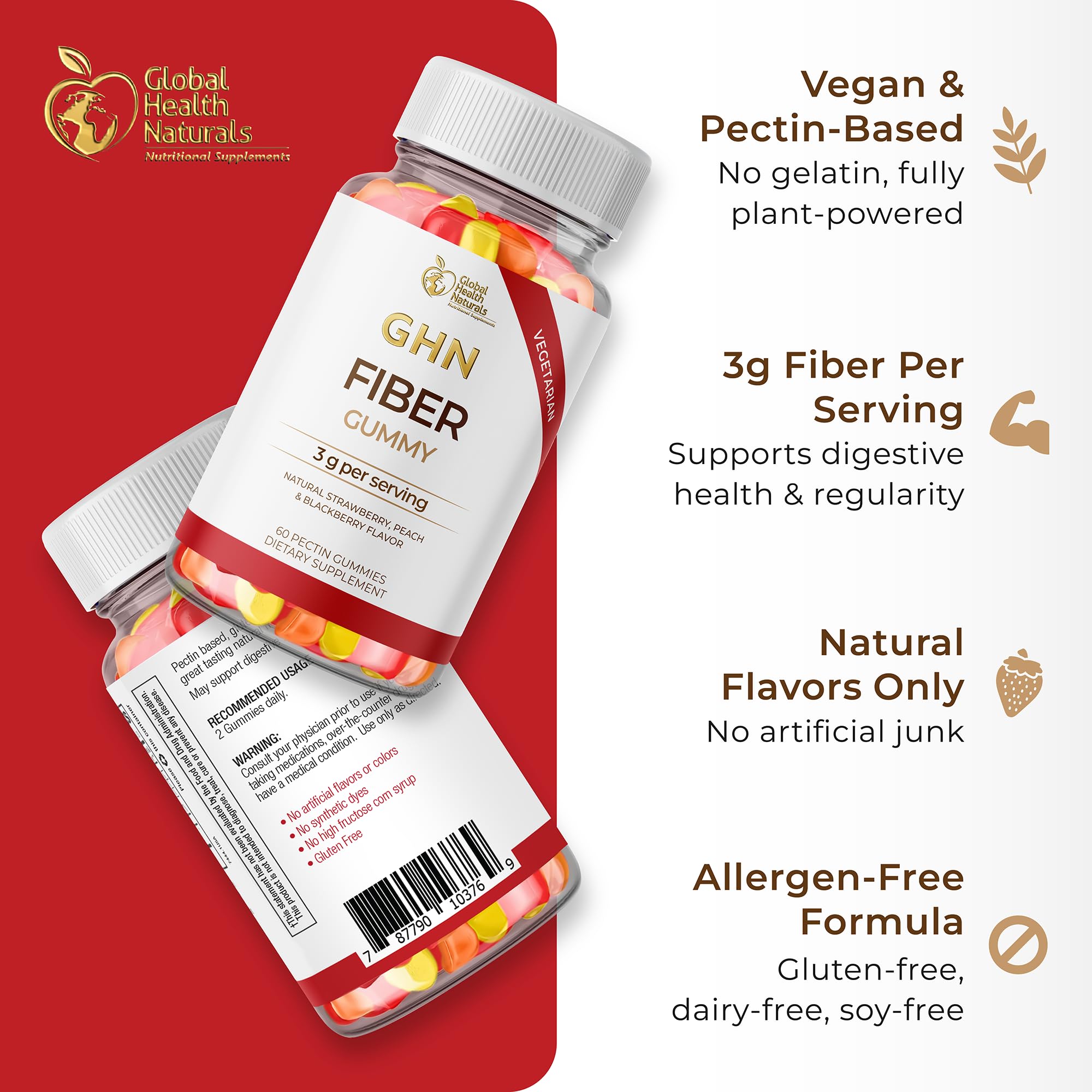 Global Health Naturals vegan fiber gummies strawberry flavor for pleasant gut-friendly snacking