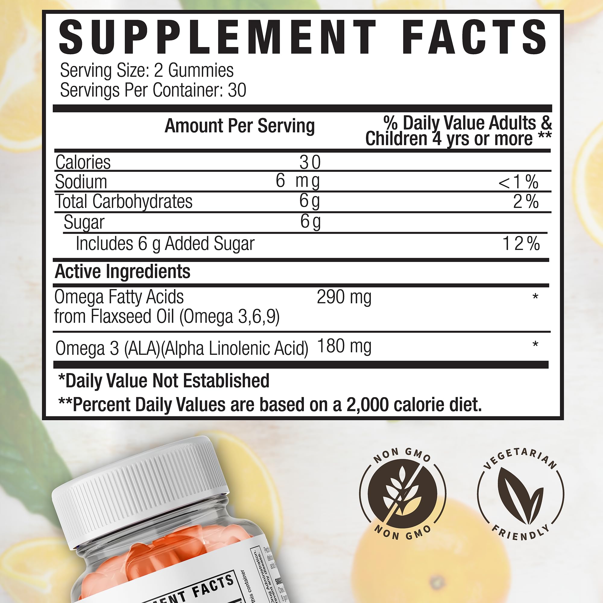 Global Health Naturals gummies closeup shows chewy texture and natural orange flavor.