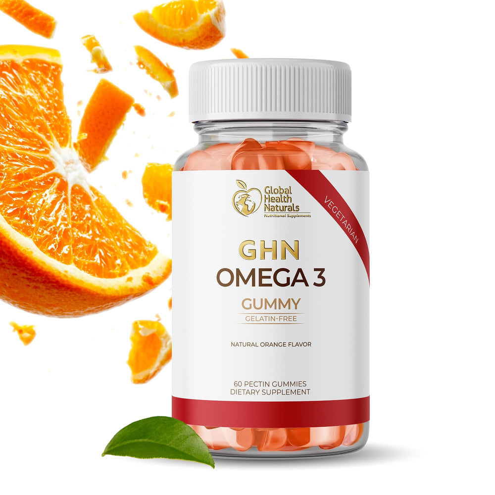 Global Health Naturals Vegan Omega-3 Gummies in orange bottle provide a plant-based daily omega boost.