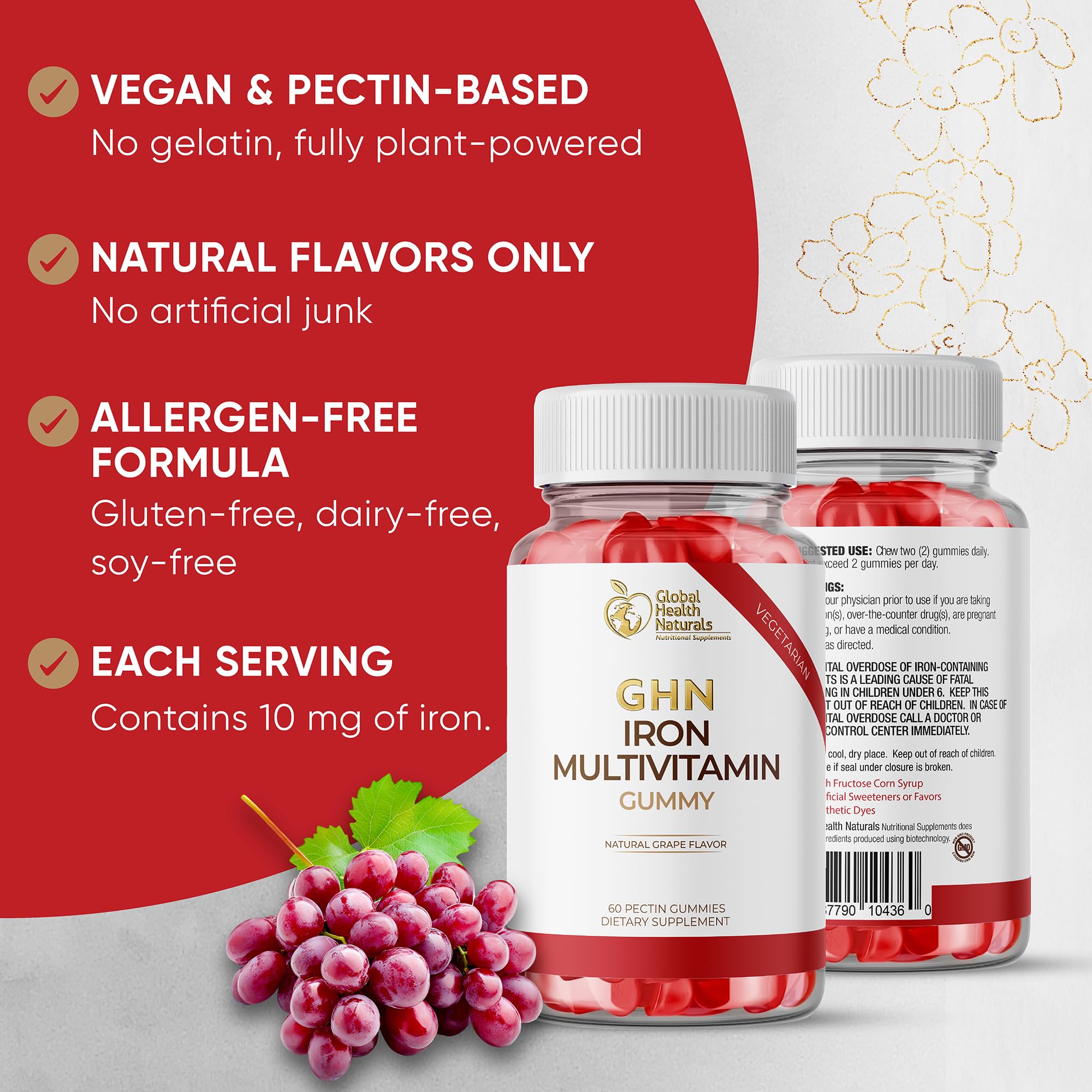 Global Health Naturals vegan women's multivitamin gummies closeup of grape texture