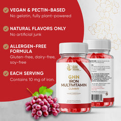 Global Health Naturals vegan women's multivitamin gummies closeup of grape texture