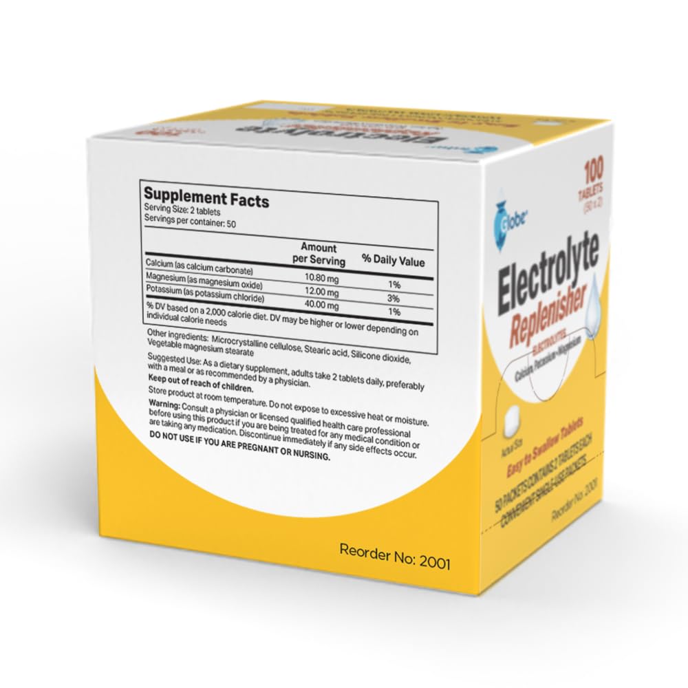 Globe Electrolyte Tablets ingredients list with calcium, potassium, magnesium