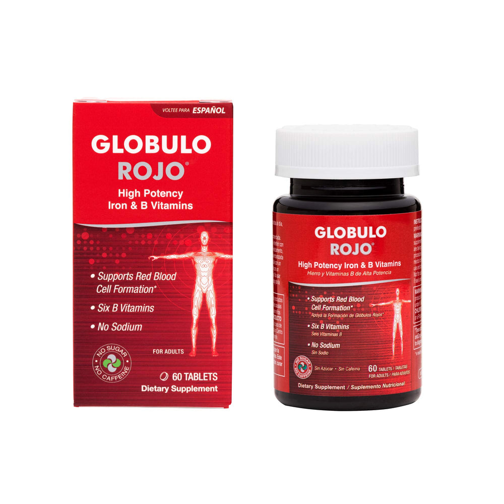 Globulo Rojo iron supplement bottle shows high-potency tablets for daily use.