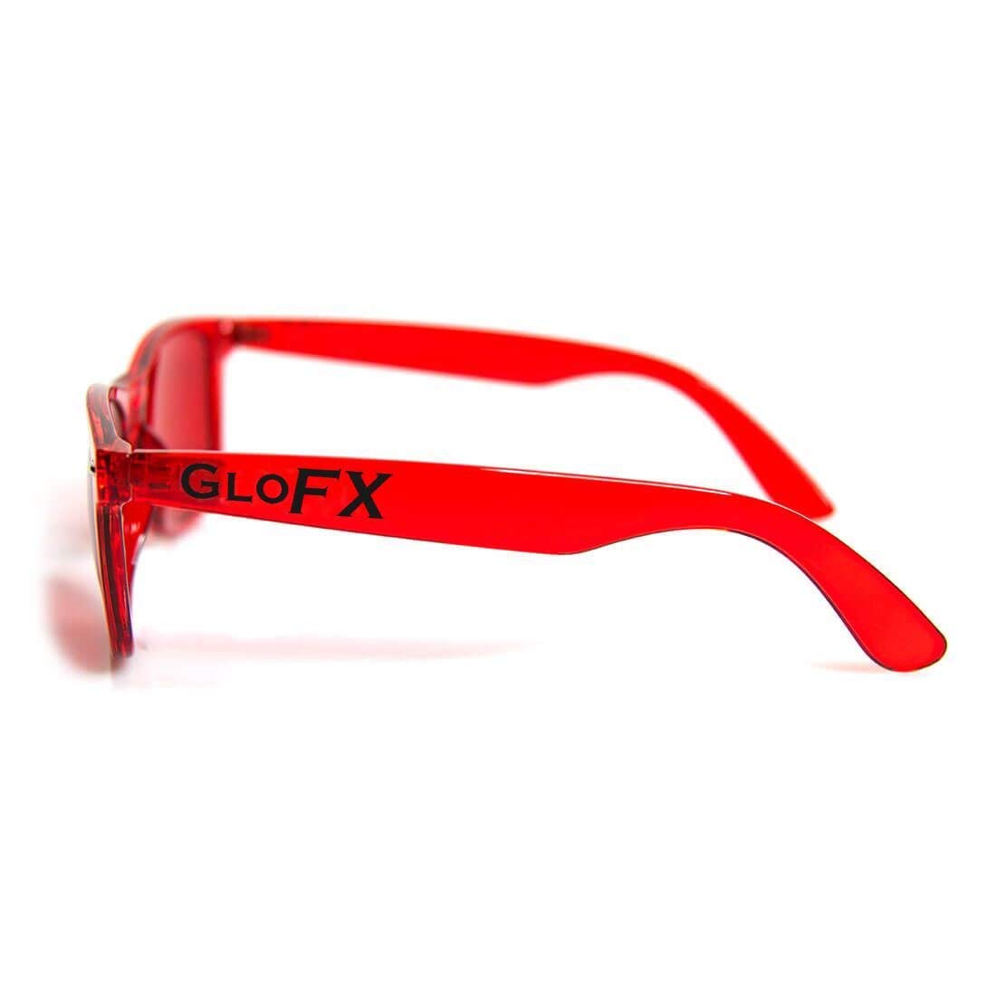 GloFX Red Color Therapy Glasses lens closeup, scratch-resistant and vibrant.