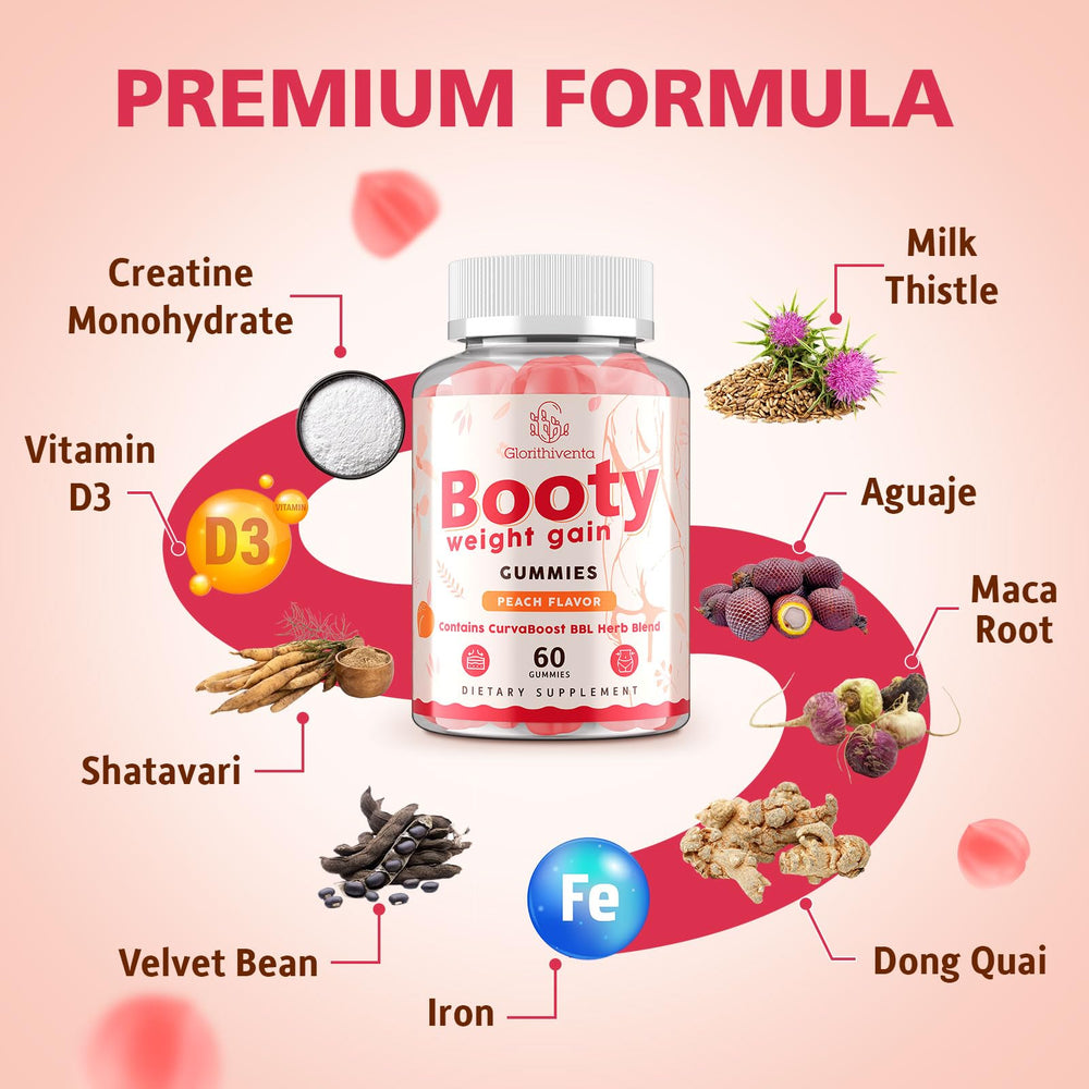Glorithiventa Booty Gummies ingredient pack featuring Maca and Shatavari for balance