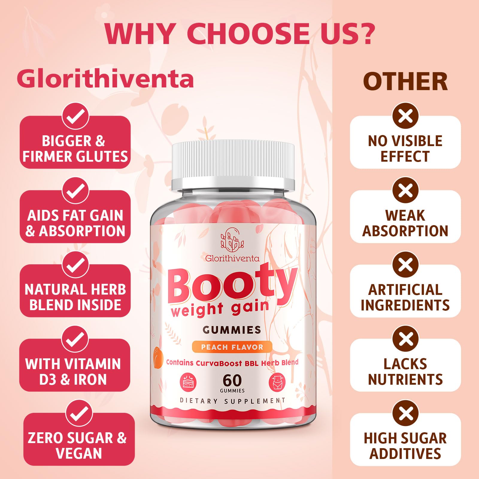 Glorithiventa Booty Gummies zero sugar peach bottle promotes guilt-free snacking.