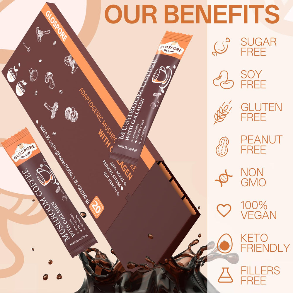GLOSPORE collagen-infused coffee stick highlighting beauty-supporting ingredients.