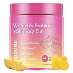 GlossLuxe Her Juicy bottle-front showcasing pineapple-flavored probiotic gummies for daily balance