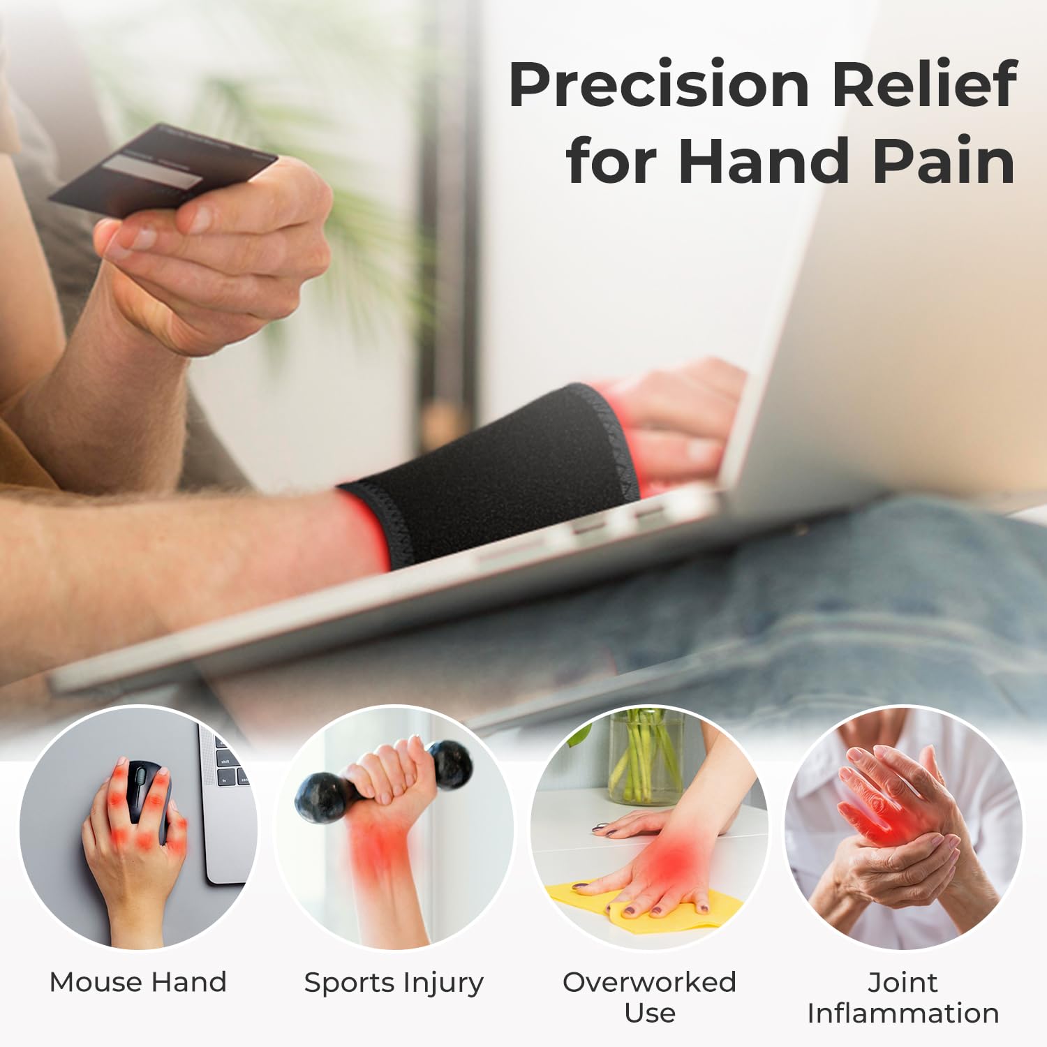 GloThera Wrist Wrap red light therapy in action on hand and wrist