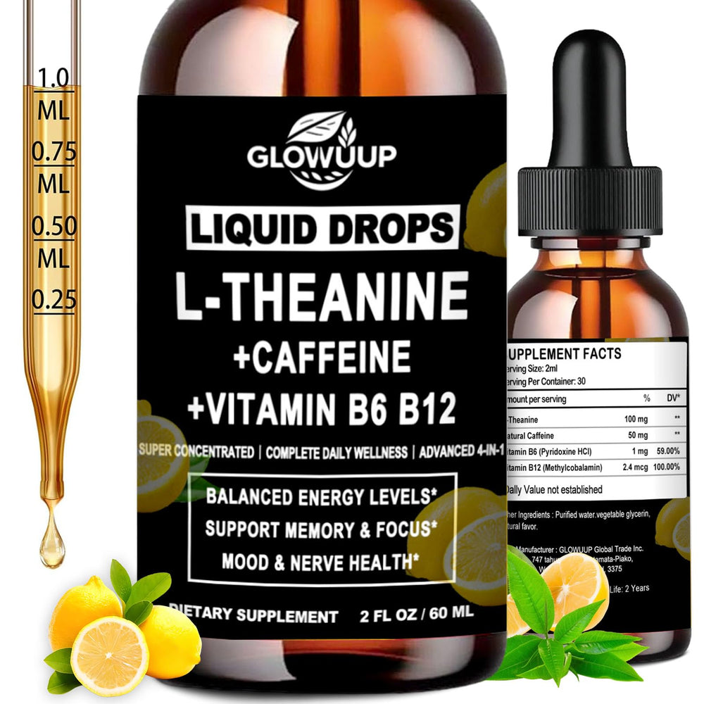GLOVVUUP L-Theanine Caffeine drops bottle for steady focus and calm energy.
