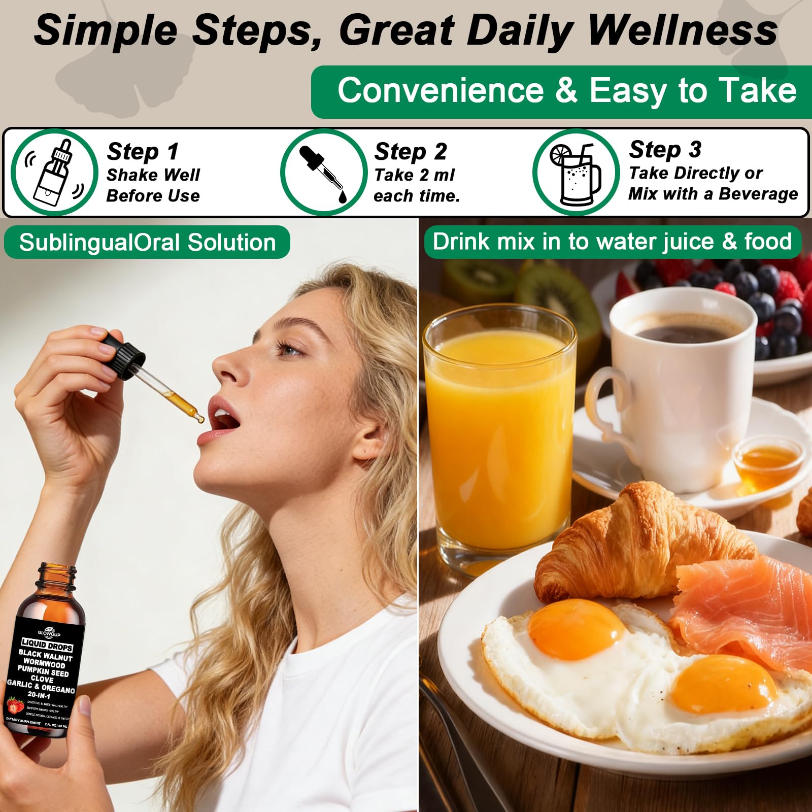 Lifestyle shot with glass and spoon showing ready-to-use digestive support in daily life.
