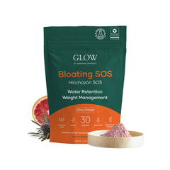 Glow Botanica Bloating SOS powder bottle with citrus blend for daily bloating relief.