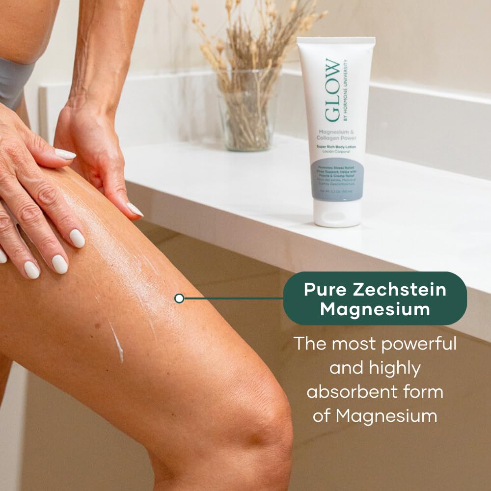 Glow Botanica magnesium lotion with aloe, primrose oil, and yam for soothing care.