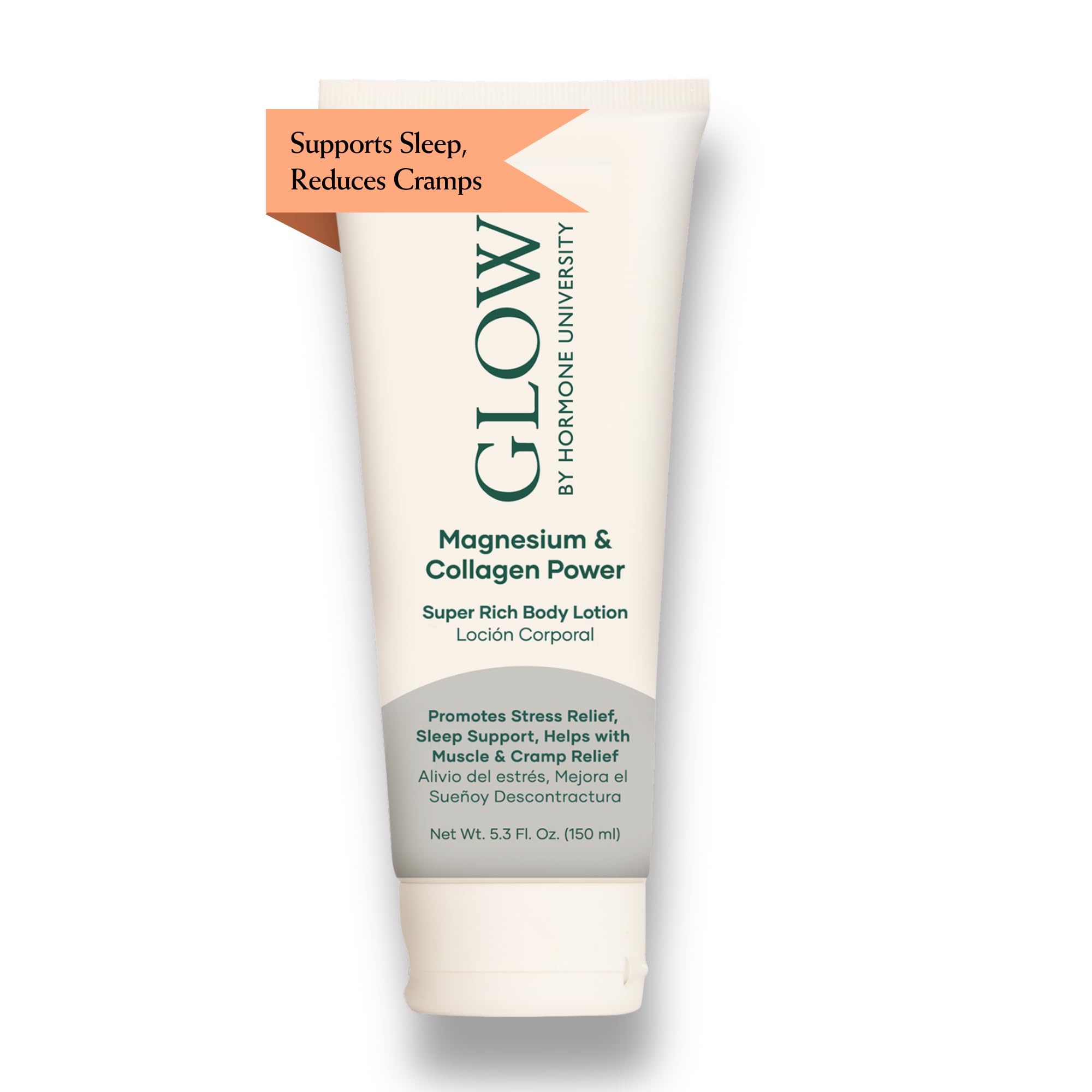 Glow Botanica magnesium lotion bottle with collagen for skin elasticity and relaxation.