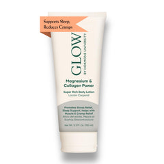 Glow Botanica magnesium lotion bottle with collagen for skin elasticity and relaxation.