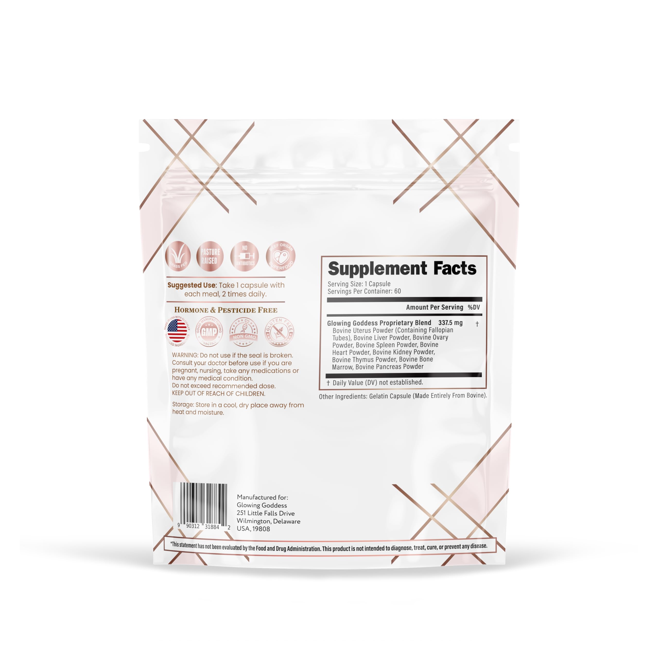 Glowing Goddess capsules highlighting grass-fed beef organs for vitality and overall wellness