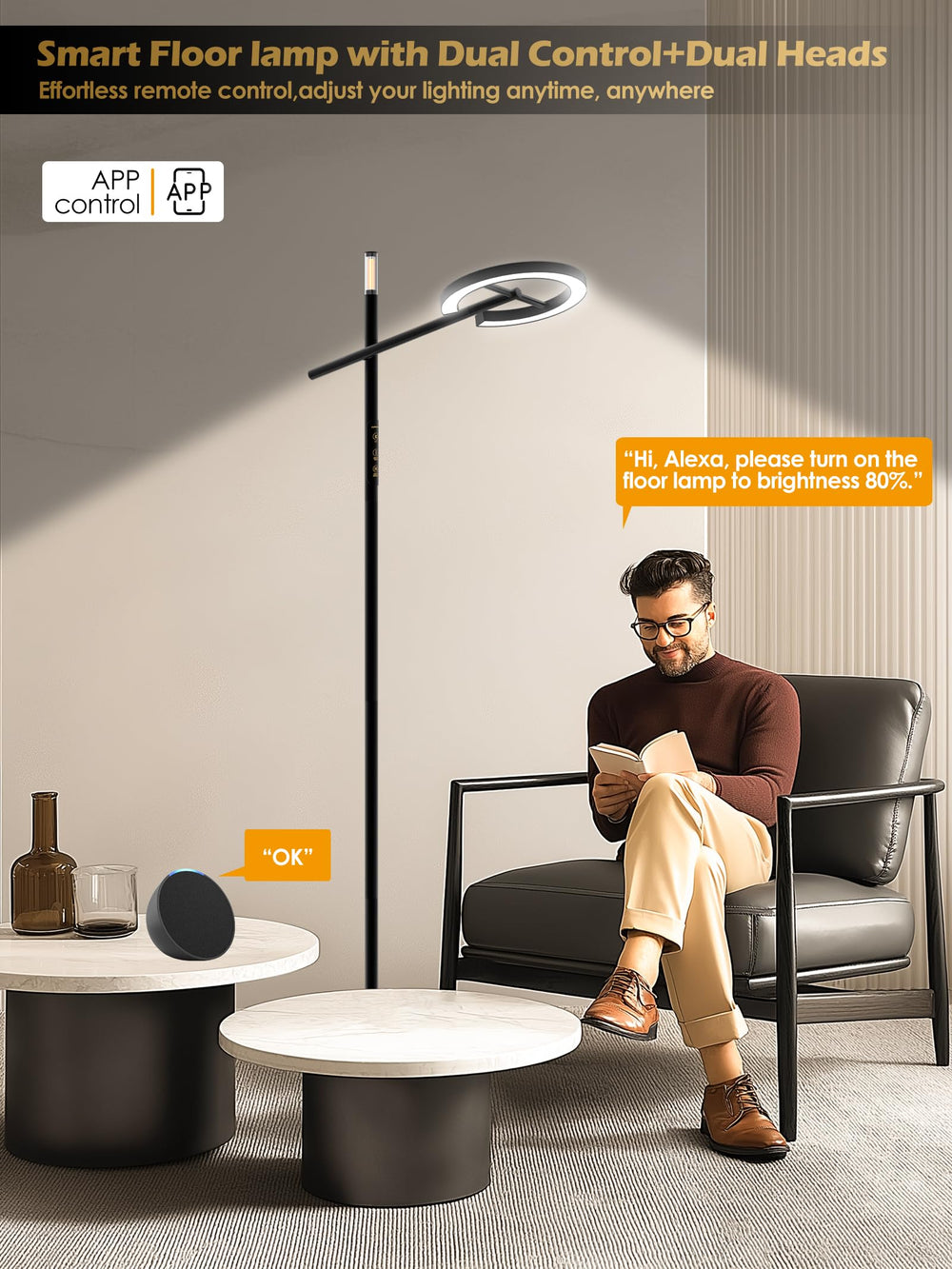 GLOWRIUM dual-head floor lamp, setup view, versatile brightness for work and reading