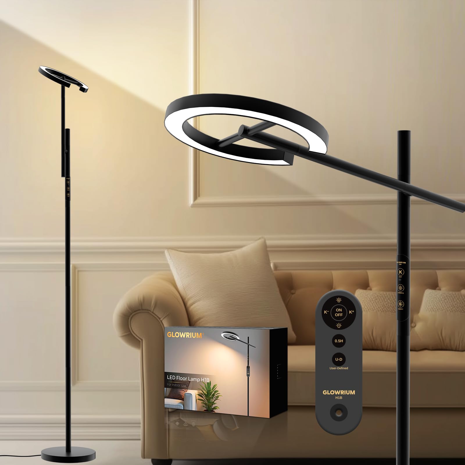 Glowrium light therapy lamp with remote control for easy daily adjustments.