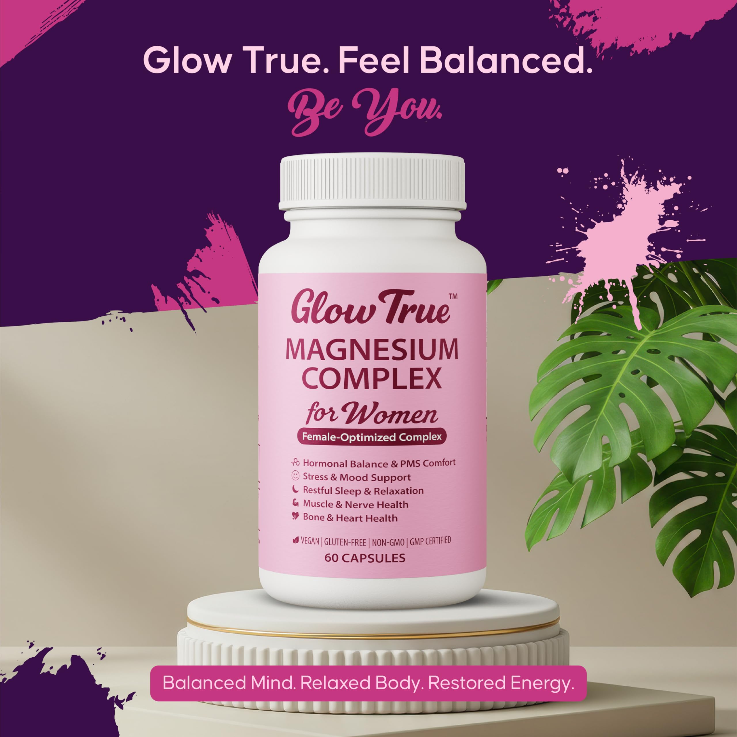 GlowTrue magnesium bottle beside a woman exercising, suggesting joint and muscle comfort