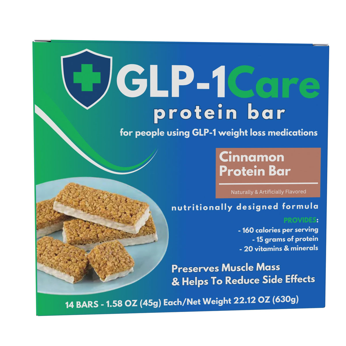 GLP-1Care Cinnamon Protein Bar packaging showing convenient on-the-go snack.